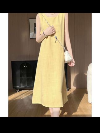 气质圆领无袖连衣裙女夏季复古文艺范休闲宽松裙摆抽绳亚麻背心裙