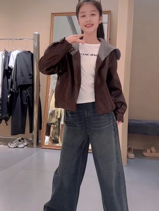 #女童外套皮衣#牛仔裤#套装