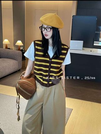 【明媚入秋】显瘦时尚简约假两件针织条纹百搭短袖T恤带包包上衣
