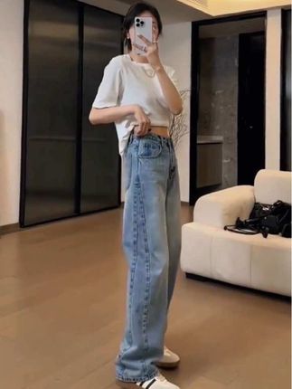 新款显瘦 #窄版牛仔阔腿裤 # 牛仔裤推荐