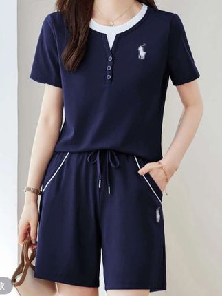 【两件套装】精梳棉时尚休闲运动套装圆领女士宽松百搭夏装短裤女装