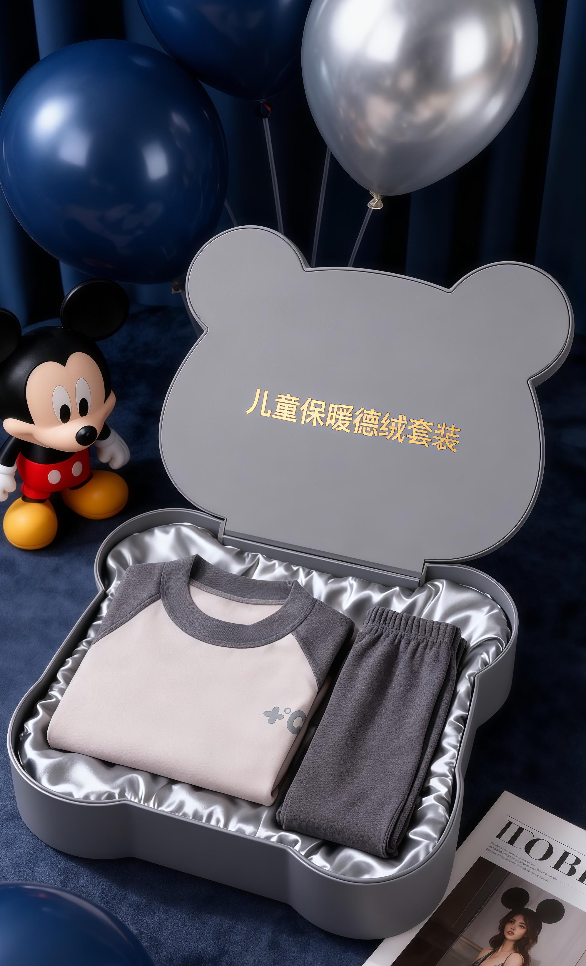 一份暖冬的精致心意。当深秋的风开始捎来寒意,这份“儿童保暖德绒套装”礼盒,便成了给孩子的温暖约定。 灰色小熊形状的礼盒憨态可掬,盒盖那抹金色的“儿童保暖德绒套装”字样,在灯光下泛着精致光泽。打开盒盖,银色缎面衬里如月光般柔和,衬得浅灰与米白相间的德绒上衣、深灰长裤愈发整洁雅致。 礼盒旁,深蓝色与银色的气球似在轻舞,黑红色的米奇玩偶咧嘴笑着,一旁的杂志也为这场景添了几分时尚感。这套德绒套装不仅有着柔软亲肤的质感,更藏着抵御严寒的暖意,把它送给孩子,便是把一份精致又贴心的暖冬心意,悄悄放进了他们的成长时光里。#儿童德绒保暖套装 #童装分享 #秋衣秋裤 #保暖内衣 #种草好物