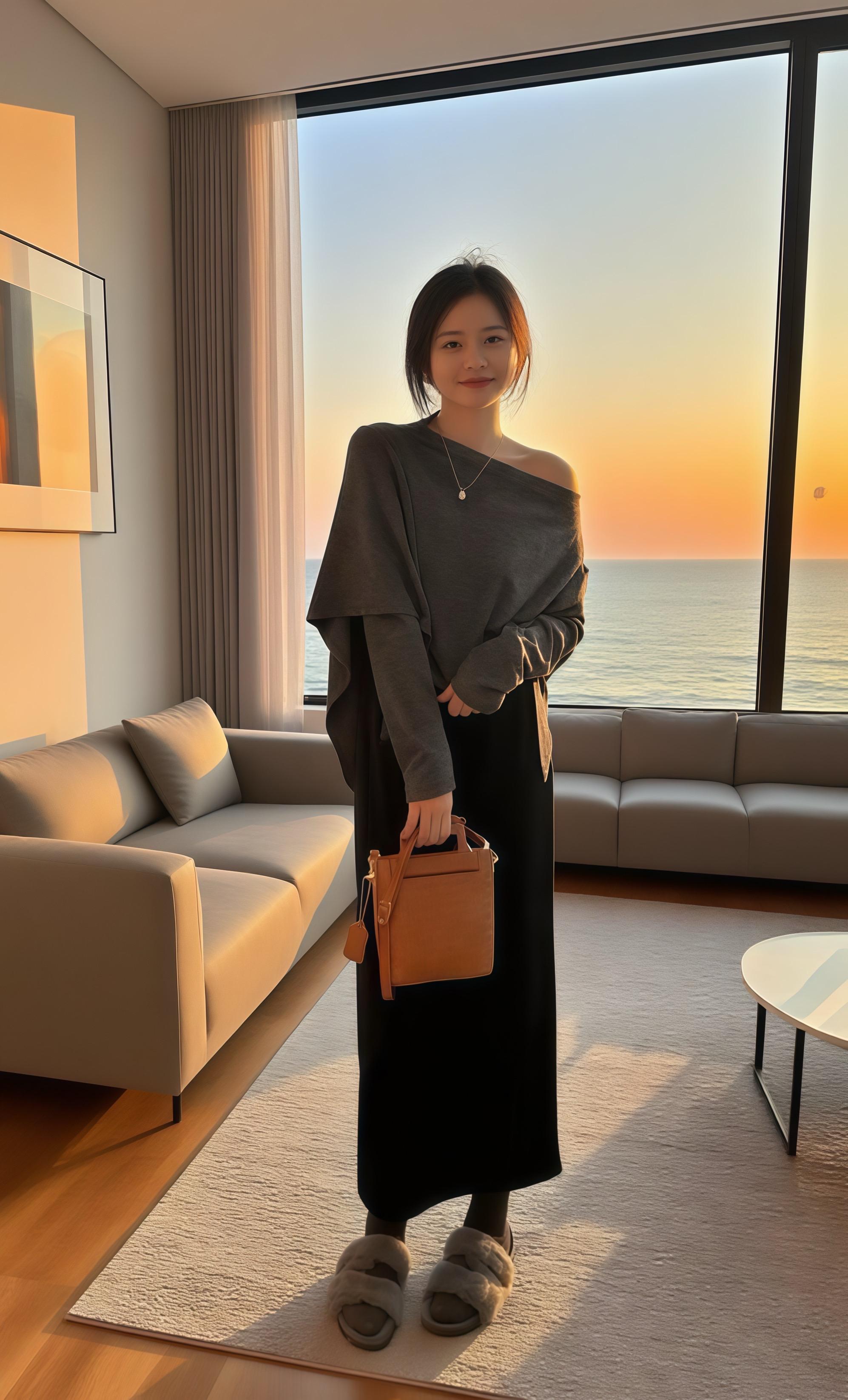 🌅 海景客厅,邂逅慵懒松弛感穿搭 落日漫进落地窗,灰棕撞色搭毛绒拖,女生的这套搭配,把「慵懒松弛感」拉满✨ 斜肩上衣添了小随性,垂感长裙藏着慵懒小心思,每一处都像把海景客厅的闲适时光穿在身上。拎包的姿态,把夕照与松弛穿搭交织的时刻,过成了治愈的画。 这样穿太有氛围啦~慵懒风+松弛剪裁,居家或日常出街都适配,轻松拿捏吸睛又自在的气质~ #海景居家 #慵懒松弛感 #客厅氛围 #治愈时尚#穿出高级感 @DOU+小助手 @巨量千川 @抖加🔥上热门🔥dou+🔥热点宝