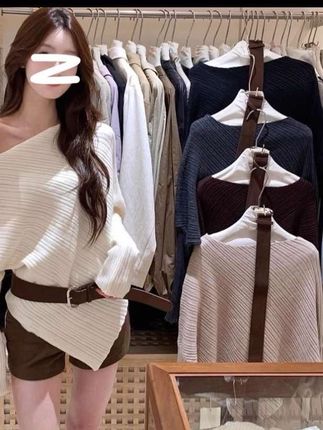(配腰带)韩版不规则斜领露肩针织衫秋季气质宽松显瘦别致毛衣上衣#高级感穿搭 #今日穿搭 #漂亮衣服 #上衣穿搭 #显瘦显高
