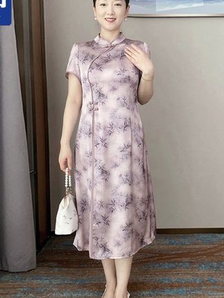 时尚妈妈夏装连衣裙中年女装气质改良旗袍中老年洋气短袖裙子@DOU+上热门