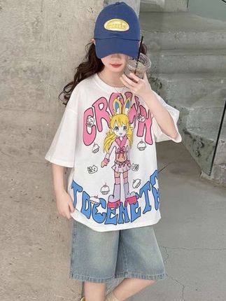 #短袖t恤 #休闲风 #百搭潮流 #儿童必备#洋气穿搭 女童t恤套装2025夏新款洋气中大童卡通美少女印花T儿童牛仔中裤两件套潮