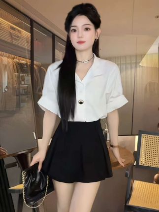 #夏季穿搭 #甜美穿搭 #短袖翻衬衫半身裙两件套装#时尚两件套
