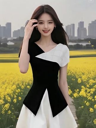 #夏季穿搭 #气质仙女裙穿搭 #气质时尚长裙 #小清新穿搭 #小个子显高显瘦穿搭 ,2025夏季新款轻奢优雅黑白拼接设计V领收腰连衣裙女高级氛围感