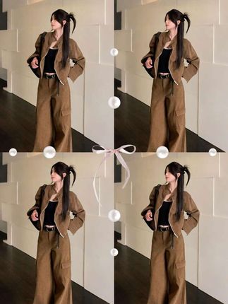 #复古高级感套装 #春秋季穿搭套装女 #宽松显瘦套装 #工装风咖色外套阔腿裤两件套