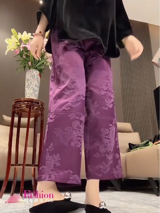 #国风穿搭#丝绒上衣 #高腰印花阔腿裤 #宽松版型遮肉显瘦#气质优雅穿搭
