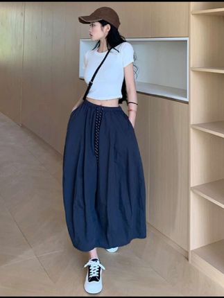 韩系拼接简约南瓜裙女夏季新款时尚百搭宽松显瘦遮肉中长款半身裙#夏季半身裙 #冰丝半身裙 #遮肉显瘦 #半身裙 #显瘦半身裙