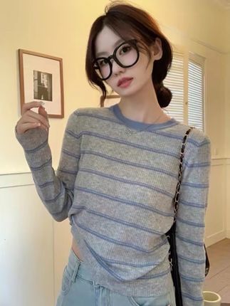 撞色条纹针织衫女2025春秋新款韩版修身圆领套头长袖打底简约毛衣#早秋穿搭 #撞色搭配 #针织衫穿搭 #好看的衣服都在这里 #新衣服可以治愈各种不开心