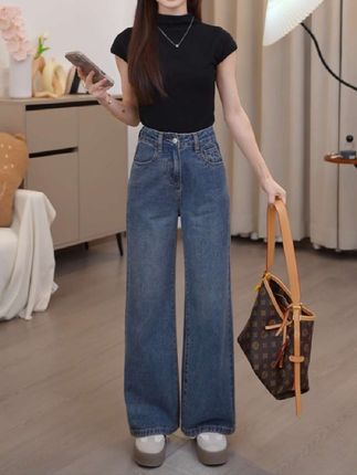 早秋小个子女高腰水洗蓝宽松牛仔裤时尚女装百搭显瘦遮肉牛仔裤#牛仔裤穿搭 #个性潮流牛仔裤女 #牛仔裤 #复古高级感牛仔裤 #小个子穿搭