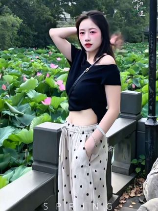 2025夏季新款韩:/ 系穿搭松弛感一字肩黑色上衣搭配波点阔腿裤两件#夏日穿搭 #美不美你说了算 #气质美女 #辣妹穿搭 @巨量千川