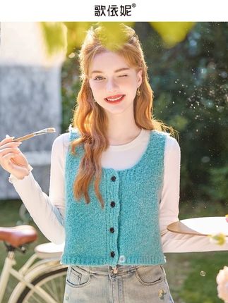 2025春秋新款女甜美小个子毛线独特叠穿短款针织背心无袖马甲坎肩#甜美针织背心