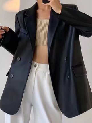 黑色皮衣外套女2025年秋冬季新款韩版宽松西装复古高级设计感西服#今日穿搭 #高级感穿搭 #气场全开 #秋季穿搭#气质穿搭