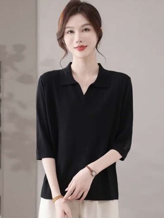 品牌秋装大码女装中袖上衣针织七分袖POLO领女薄款半袖灰色体恤杉#时尚女装穿搭 #时尚气质穿搭 #洋气减龄 #优雅气质