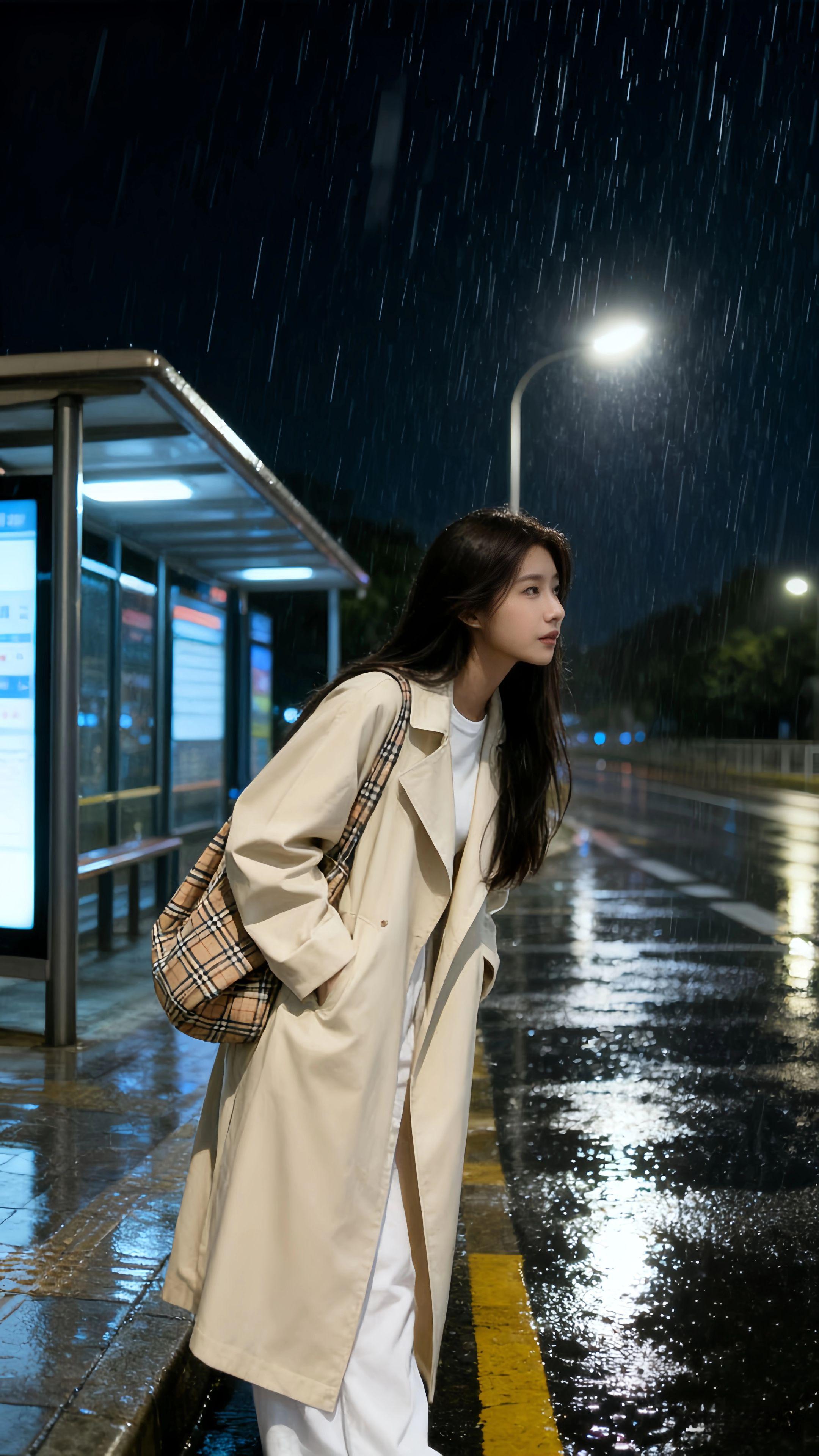 雨水带来了天空遥不可及的气息🌧️。雨刚停的夜晚,公交站台的灯光把地面的水洼照得像碎镜子,我撑着半湿的伞站在那里,长发被晚风卷着贴在颈侧。指尖无意识划过站台的金属栏杆,还能触到雨留下的凉,远处车灯穿过雾气漫过来,在水洼里漾开一圈圈暖黄的光。我低头理了理衣角,听见自己的呼吸混着远处隐约的车鸣,忽然觉得这等待的时刻,倒像裹了层温柔的雾。