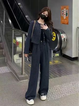 【现】高级气质休闲圆领高腰显瘦阔腿裤牛仔风格小香套装女AM25629#时尚穿搭时尚穿搭时尚 #高级感穿搭 #极简主义