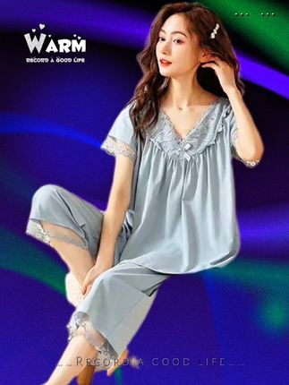 睡衣女夏季女款爆款2025新款纯棉短袖薄款可外穿两件套大码家居服#舒适家居服 #在家也要美美哒 #家居服套装 #睡衣家居服 @DOU+小助手