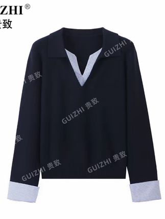 设计感假两件撞色拼接条纹针织衫女早秋新款小众显瘦V领长袖上衣#高级感穿搭