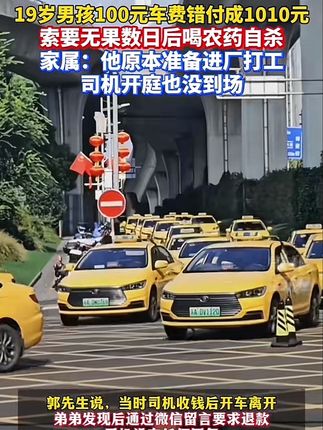 19岁男孩100元车费错付成1010元,索要无果数日后喝农药自杀家属。他原本准备进厂打工,司机开庭也没到场. 郭先生说,当时司机收钱后开车离开弟弟发现后通过微信留言要求退款.司机没有任何回复,并且事发到现在,司机从未主动联系过他们,刚开始跟司机打了一次电话还能打通,后来就再也无法接通#男子车费错付索要无果后轻生 #济南莱芜强降雨致2死10失联 #全国持社保卡人数达13.9亿人#马斯克正式进军餐厅 #网红旺旺小桥