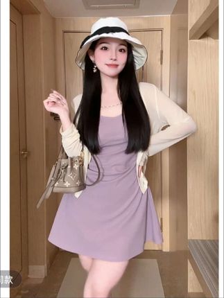 【佳佳】胖mm夏季时尚纯欲气质吊带连衣裙女收腰显瘦A摆裙子05032#女装#连衣裙 #裙子两件套 #夏季新款#甜美穿搭