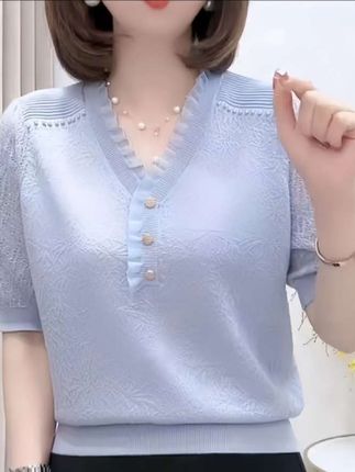 夏季限定新款短袖时尚百搭显瘦针织衫,v领镂空提花针织短袖#减龄显瘦穿搭 #谁穿谁好看 #高级感穿搭 #洋气小衫 #穿出高级感