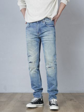 DIPAI/底牌【修身小直筒】13盎司秋冬破洞补丁工艺水洗蓝色牛仔裤男#水洗牛仔裤#修身直筒裤#男士牛仔裤