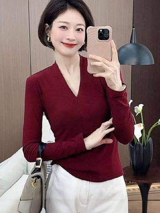 加绒磨毛深V领正肩长袖t恤女保暖内搭上衣#时尚百搭 #休闲百搭