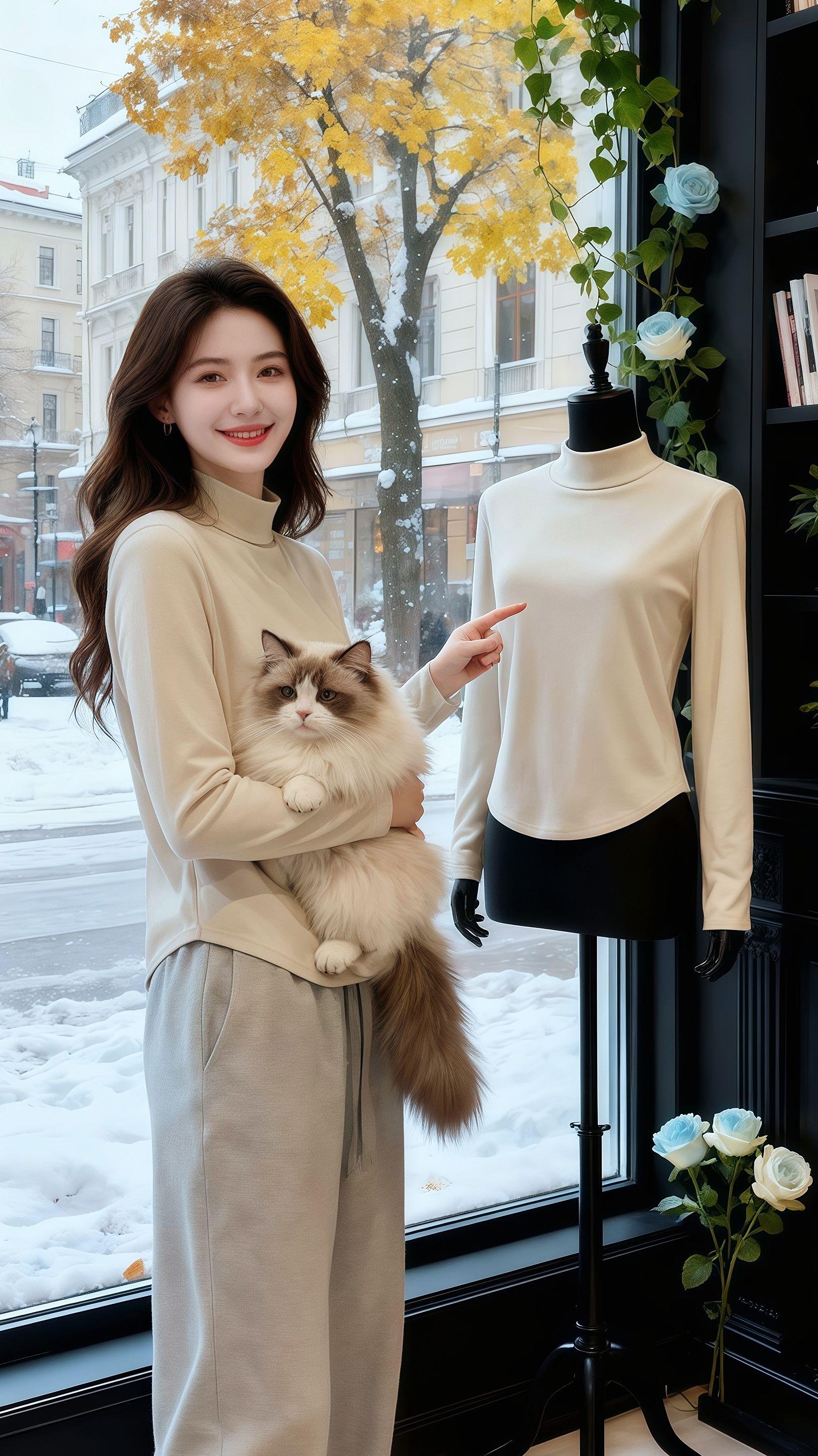 初雪暖意:当德绒温柔拥抱都市优雅。雪落的清晨,苏念抱着布偶猫站在窗边,身上的半高领德绒打底衫是她抵御寒意的秘密。   那一抹纯净的米白,像初雪后的晨雾,半高领设计轻轻拢住脖颈,将秋冬的冷意隔绝在外。德绒的细腻触感似云端轻吻肌肤,长袖在寒风中织就温暖的网,弧形下摆是暗藏的小心机,悄悄修饰腰线,让身姿在修身剪裁里愈发玲珑。   它是衣橱里的百搭精灵,配灰色阔腿裤,是咖啡馆里慵懒的文艺女郎;搭呢子半裙,又成了街头吸睛的时尚 icon。当冬日的风掠过窗棂,这件打底衫用德绒的暖意,为每个都市女性写就属于自己的优雅篇章,让凛冽秋冬也成了衬托气质的背景板。 #半高领德绒打底衫 #秋冬显瘦上衣 #百搭纯色女装 #保暖修身长袖 #都市优雅穿搭