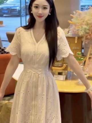 新款V领连衣裙花边短袖镂空刺绣棉麻优雅气质#气质仙女裙穿搭 #甜美穿搭 #不怕胖就怕不时尚 #女神穿搭 #连衣裙穿搭