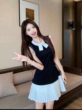 优秀的金蘑菇「千金高尔夫法式老钱小香黑白拼接百褶蝴蝶结连衣裙」