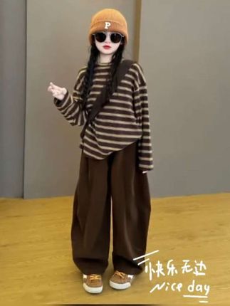 女童套装春秋2025新款洋气儿童条纹卫衣休闲女孩阔腿裤两件套潮酷@巨量千川