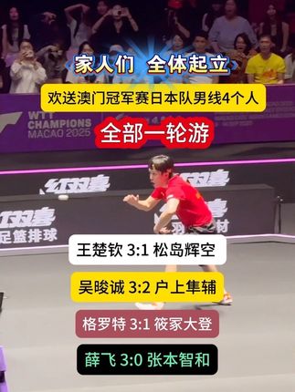 家人们 现放下手中的活 全体起立 来欢送澳门冠军赛日本队男线4个人全部一轮游🎉 #澳门冠军赛 #王楚钦3比1松岛辉空 #王楚钦晋级16强#薛飞3比0张本智和