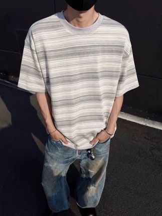 藏青色条纹短袖男款夏季美式复古圆领t恤cleanft重磅純棉半截袖#短袖t恤 #条纹控 #男生穿搭 #条纹T恤 #纯棉t恤 @DOU+小助手