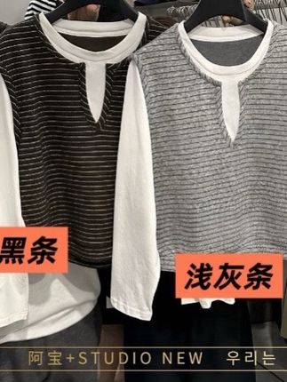 2025早秋韩系假两件拼接慵懒 Cior Studio韩系显瘦拼接上衣【1005】#显瘦搭配 #小个子穿搭 #上衣穿搭 #条纹控 #遮肉显瘦穿搭