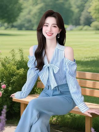 #条纹蝴蝶结长袖衬衫#洋气减龄#谁穿谁好看#长袖衬衫#这也太好看了
