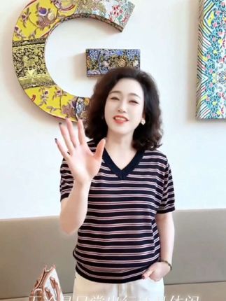 【清凉透气条纹短袖】大码女装莱赛尔(2547)撞色夏季时尚中老年宽松#夏季穿搭 #面料舒适透气 #百搭上衣 #休闲减龄穿搭