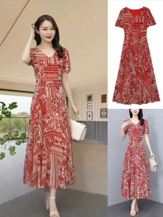 红色碎花真丝连衣裙2025新款夏季短袖长款收腰显瘦妈妈洋气长裙子