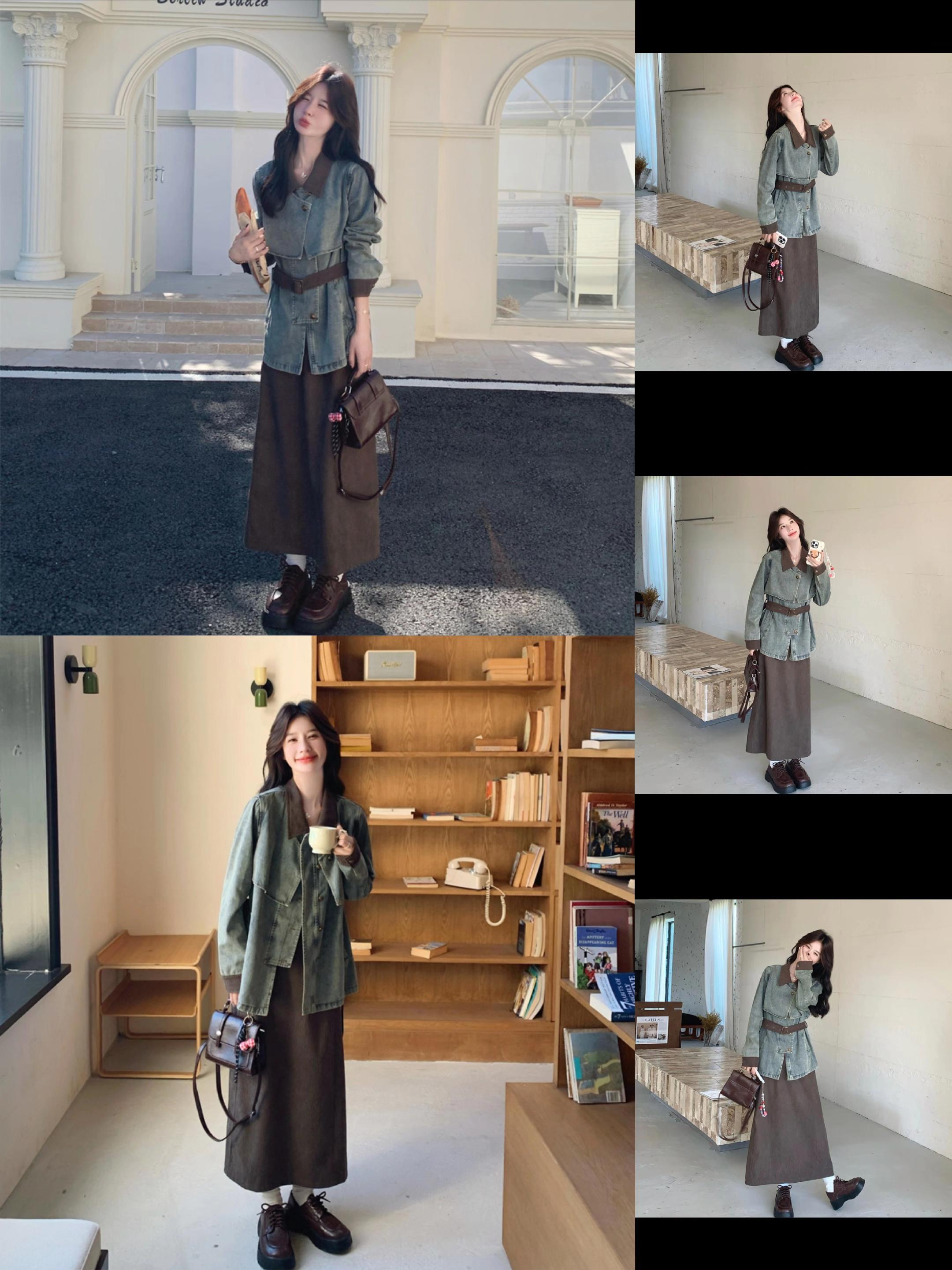 复古灯芯绒拼接牛仔套装。#牛仔套装