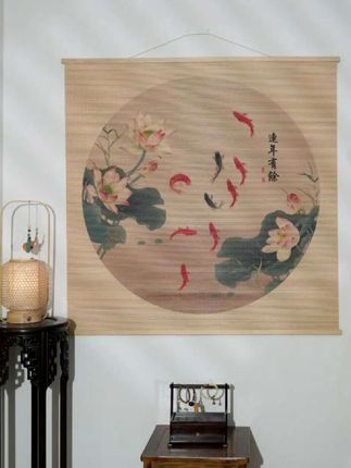 #新中式锦鲤荷花图#沙发背景墙茶室背景画编织禅意#装饰画#竹席挂画装饰墙面