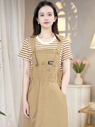假两件拼接条纹连衣裙女2025夏季新款时尚休闲宽松减龄显瘦中长裙#夏季穿搭 #显高显瘦 #高级感穿搭