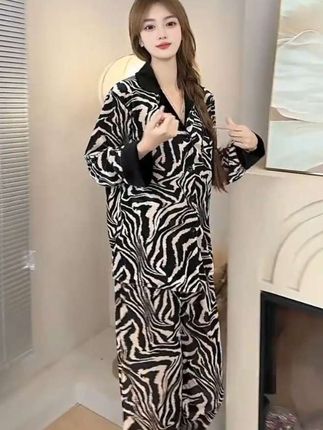 女士春秋季情侣款斑马纹金丝绒长袖轻奢高级感#家居服套装#睡衣#男女同款