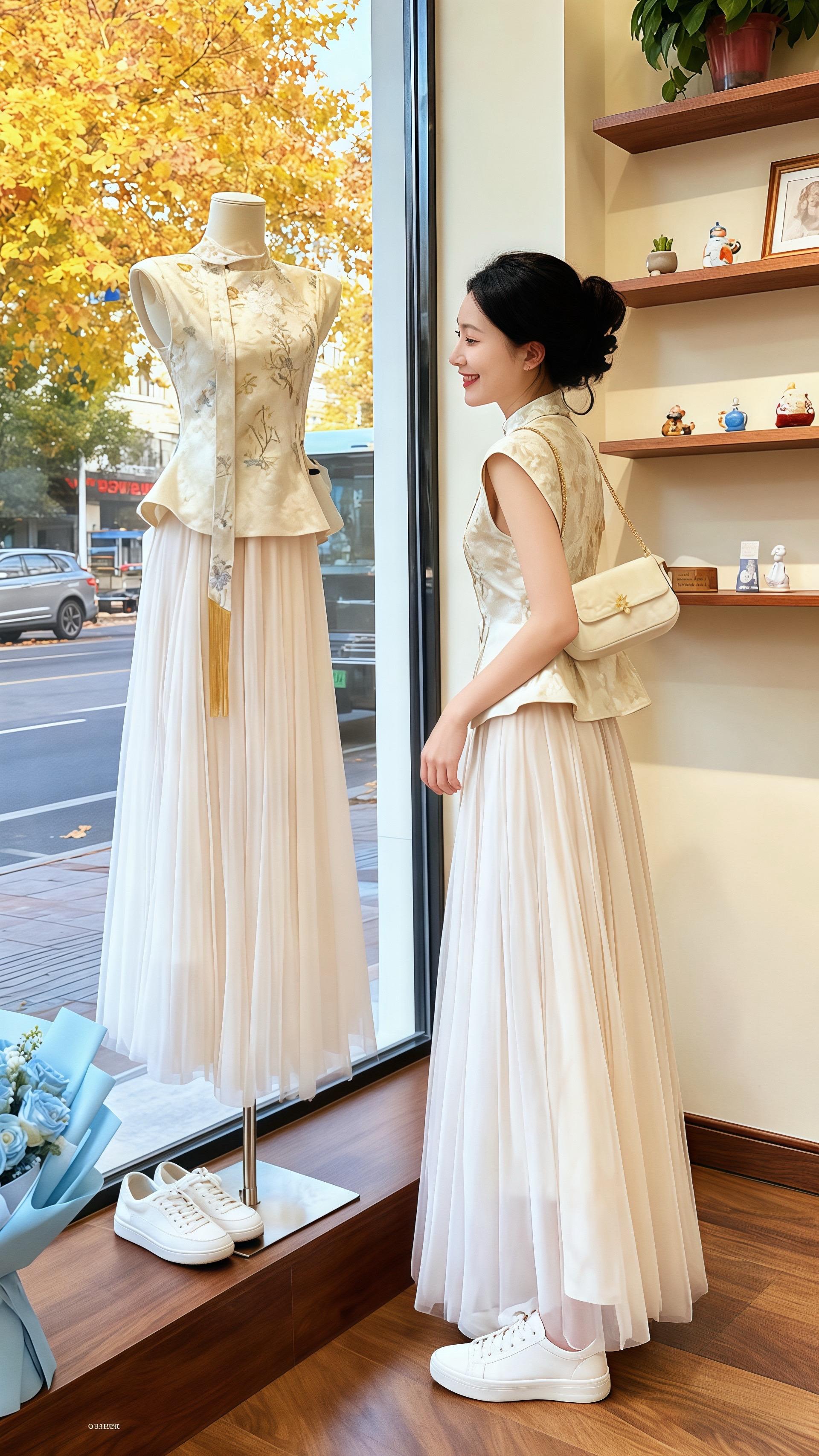 买手店的纱影心动。秋日午后,买手店里暖光漫过模特身上的香槟色套装——提花马甲精致,网纱裙漾着柔雾般的白。晚星穿着同款,米白挎包随她转身的动作轻晃,小白鞋踩在木地板上,发出细碎的声响。 “这套的仙气……和你一模一样。”身后传来清润的声音,是常来拍国风穿搭的阿哲,他举着相机,目光落在她与模特重叠的造型上,“像把秋阳揉进了纱里,你……愿意当今天的主角吗?” 晚星耳尖发烫,看着玻璃倒影里,自己与模特像两缕被柔光晕染的纱影,窗外秋叶金黄,心跳也染上了温柔的甜意。 #时尚穿搭时尚穿搭时尚 #甜美穿搭 #今日分享 #时尚高雅女装 #优雅气质 @抖加🔥上热门🔥dou+🔥热点宝 @抖音小助手