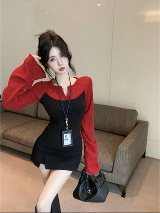 #上热门🔥 拼接撞色一字肩针织衫长袖甜辣风收腰紧身短款露肩上衣半身裙裤女#时尚穿搭 #修身显瘦 #气质两件套
