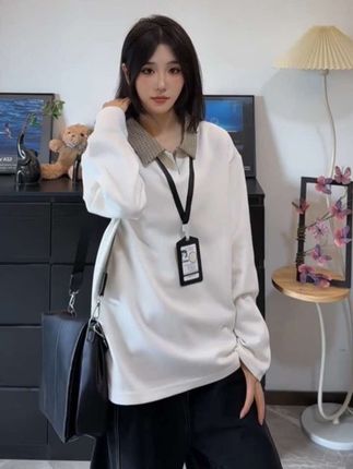 千鸟格拼接polo衫男秋季衬衫领卫衣高级感重磅长袖t恤内搭打底衫#穿搭ootd #休闲穿搭 #polo衫 #卫衣