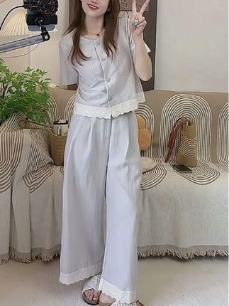 新款潮流设计感时尚女套装短袖开衫上衣搭配宽松裤子两件套#新款潮流设计感时尚女套装短袖开衫上衣搭配宽松裤子两件套