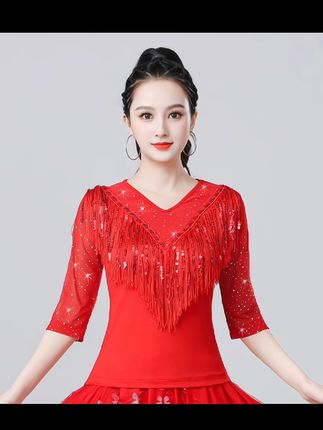 新款广场舞服装拉丁舞演出中袖上衣比赛练功服 #舞蹈 #最美舞者 #优雅气质 #广场舞服装 #舞蹈练功服