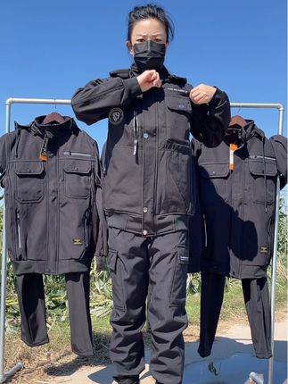 秋冬季加绒防泼水套装,拉链大口袋,加内兜,松紧腰,直筒裤,帽子可拆卸,#户外穿搭 #工作服 #加绒保暖
